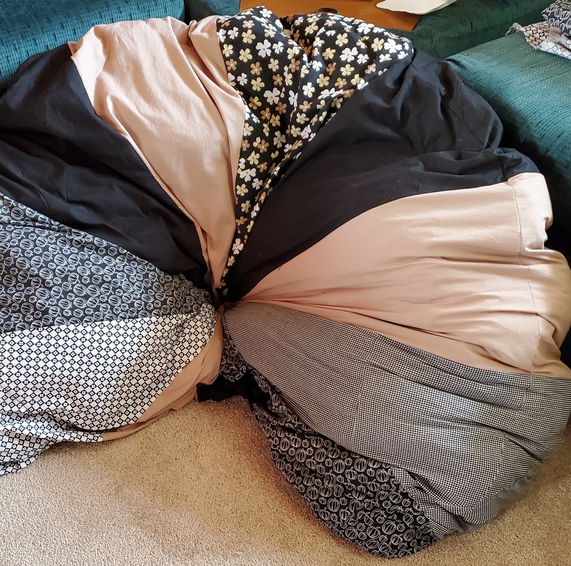 cotton patchwork cushion with hidden zipper used as fabric storage or made with scrap stuffing