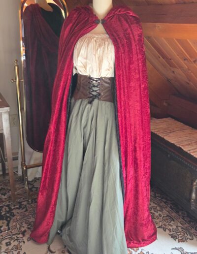 red velvet medieval cloak over fantasy outfit