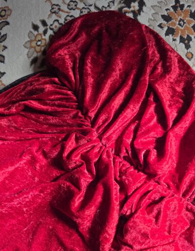 red velvet medieval cloak hood to main cloak seam