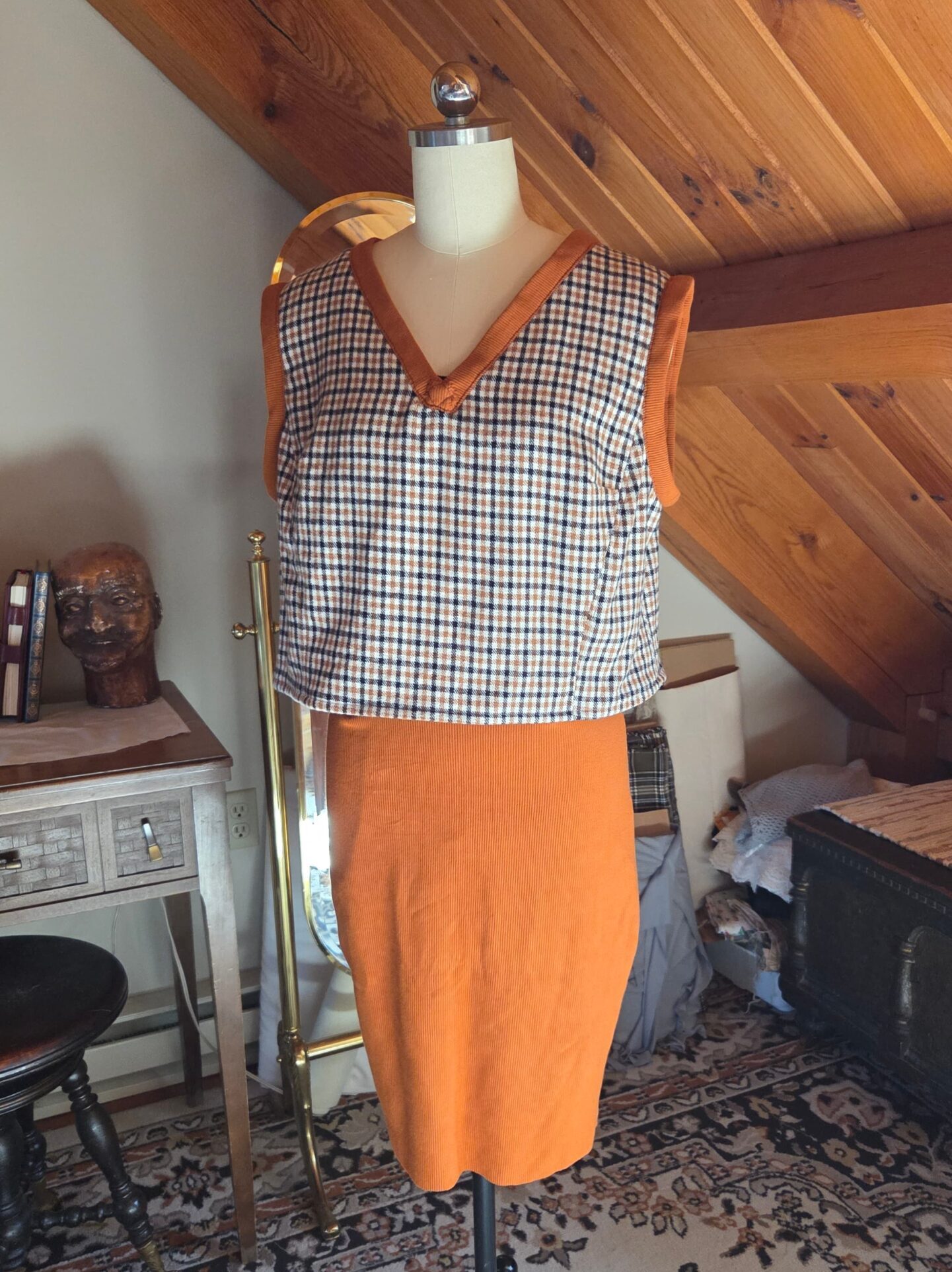 Flannel Vest and Knit Skirt Outfit